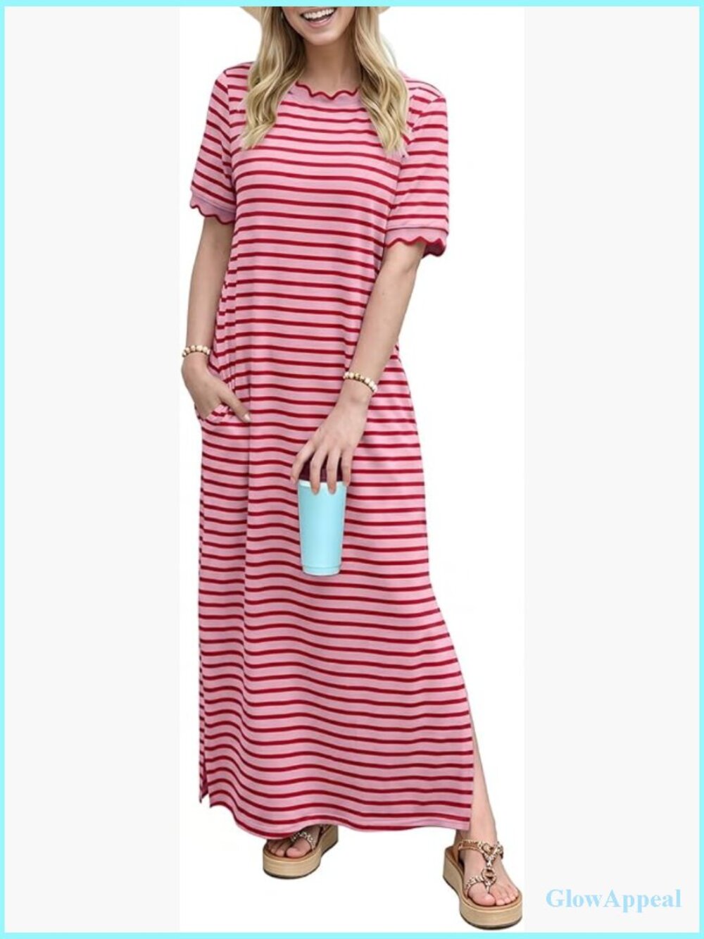 Cotton Striped Side Slit Maxi T-Shirt Dress Short Sleeve Crewneck